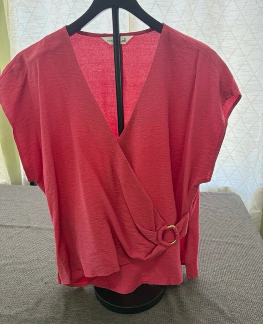 Nine West Women's Pink Wrap V-Neck Blouse Ring Accent XL with Zipper Waist